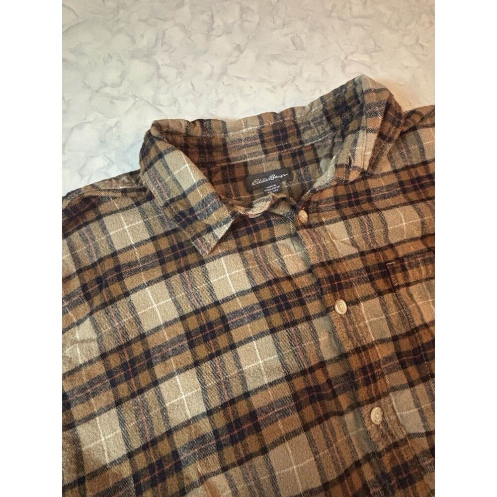 Eddie Bauer Flannel Shirt Mens XXL Brown Tan Plaid Long Sleeve Button Up Cotton